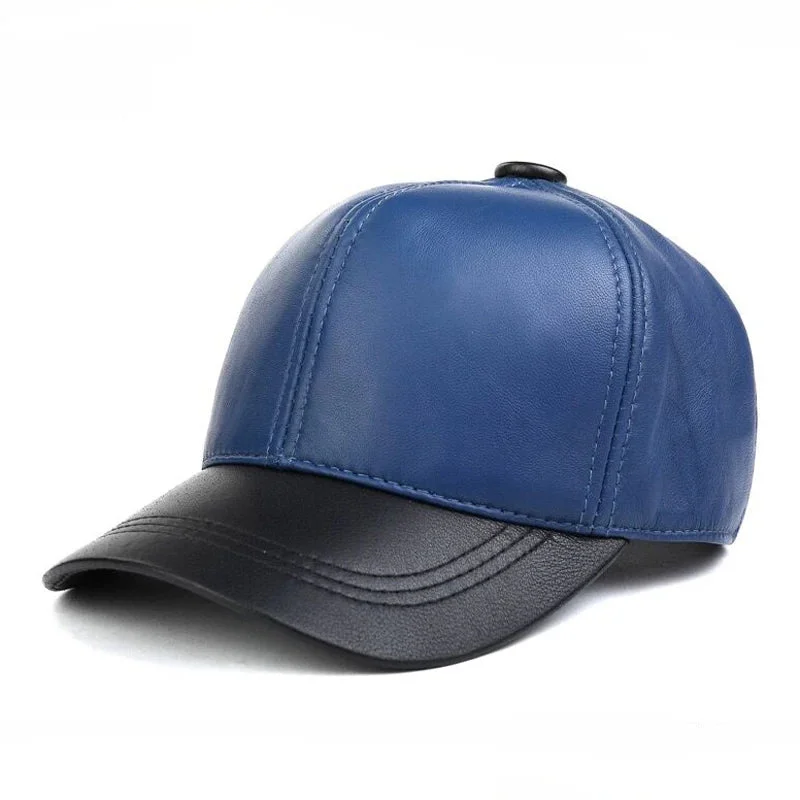 Solid Color Genuine Leather Baseball Cap (Blue/Red)