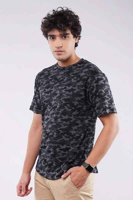 Curved Hem Camouflage T-Shirt - Black & Grey