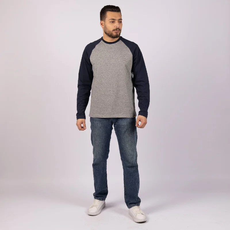 MEDIUM GREY MELANGE  - NAVY BLUE | Adult Long Sleeve Baseball Tshirt