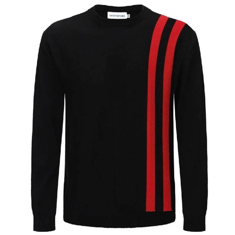 Men's Black Knitted T-Shirt With Double Red Racing Stripe