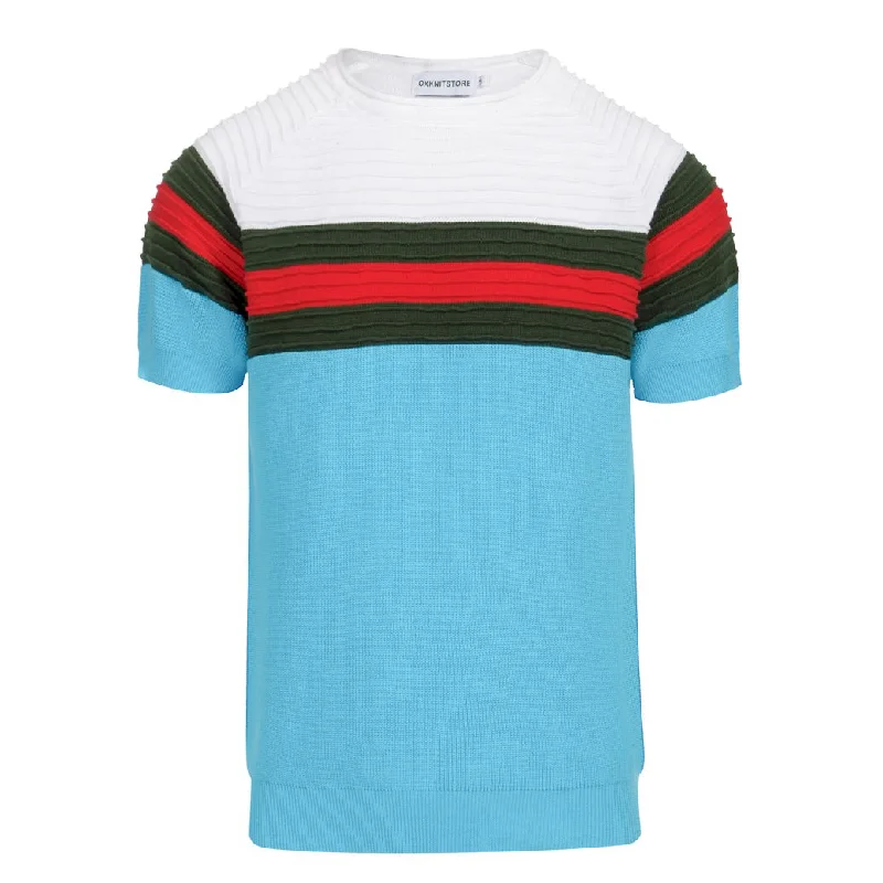 Men's blue texture striped knit T-shirt