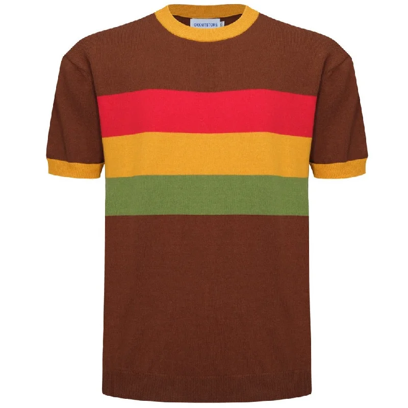 Men's Brown Knitted T-Shirt With Yellow Red & Green Stripe