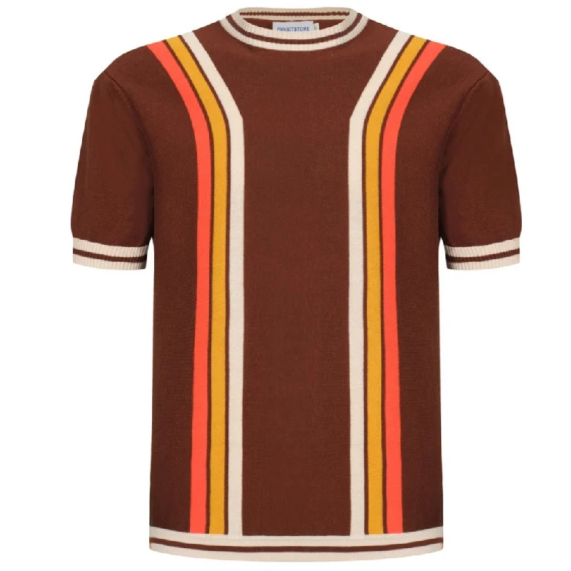 Men's Brown Knitted T-Shirt With Orange & Yellow & Ecru Waffle Stripe