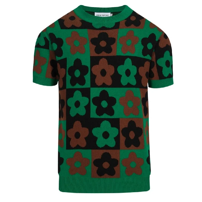 Men's green 60s floral crew-neck knit T-shirt