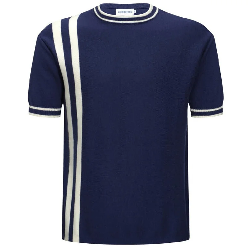 Men's Navy Knitted T-Shirt With Double White Racing Stripe