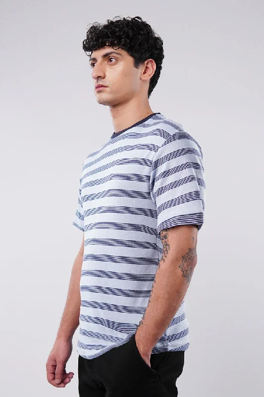 Striped Curved Hem T-Shirt - Sky Blue