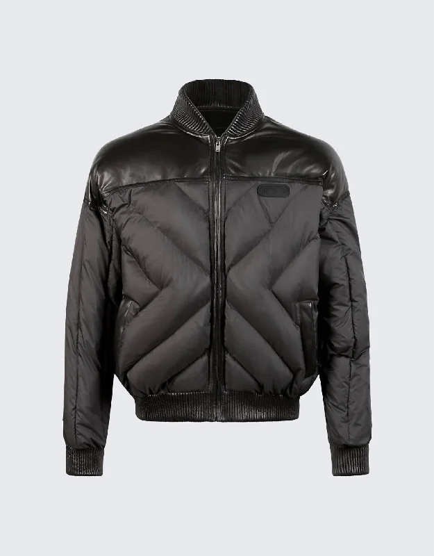 Men's Leather Contrast Puffer Jacket In Black