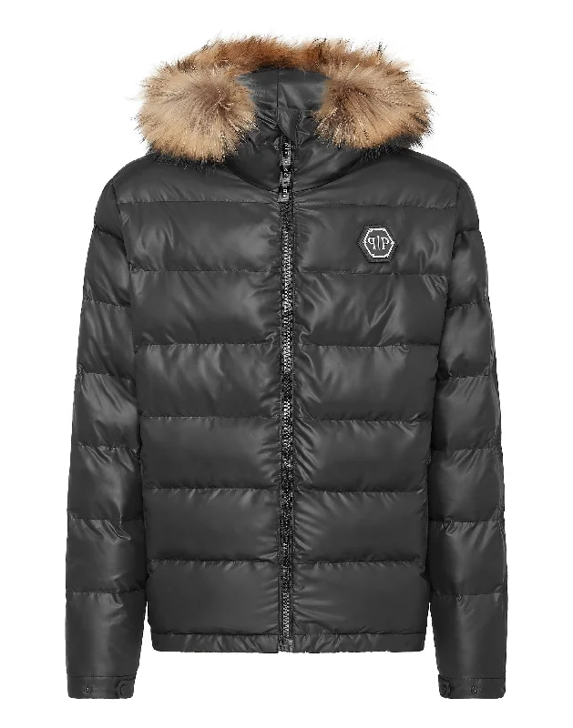 Nylon Padded Jacket With Fur