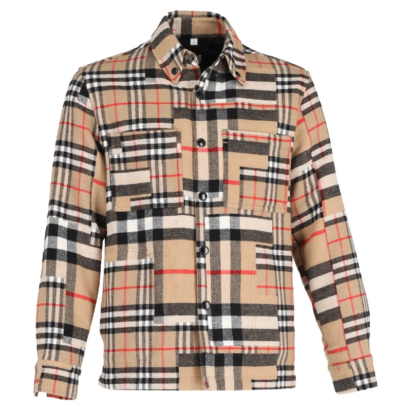 Burberry Check-Pattern Patchwork Oversized Overshirt in Beige Wool