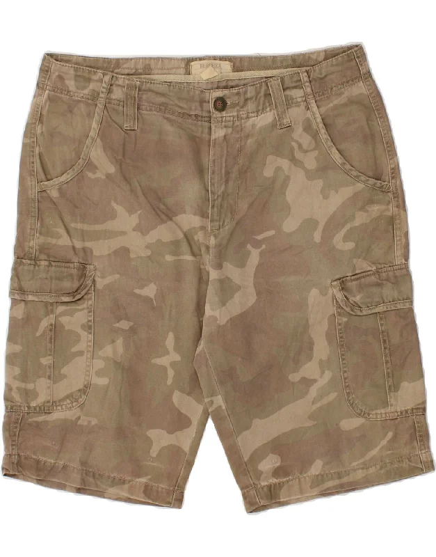 BERSHKA Mens Cargo Shorts Medium W32  Beige Camouflage Cotton