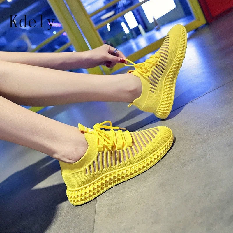 Fashion Spring Summer Yellow Knitted Breathable Casual Shoes Women Sneakers Korean Sports Leisure Shoes Women Vulcanize Shoes