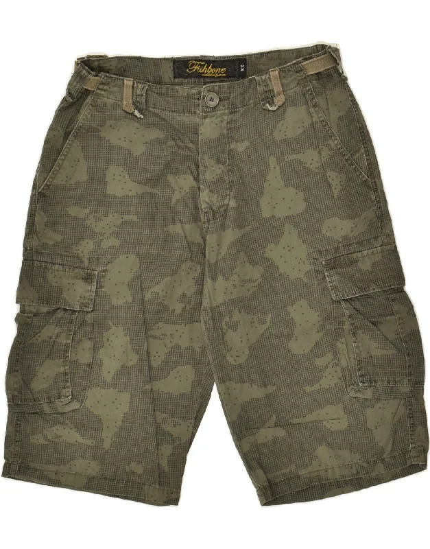 FISHBONE Mens Cargo Shorts XS W26 Khaki Camouflage Cotton