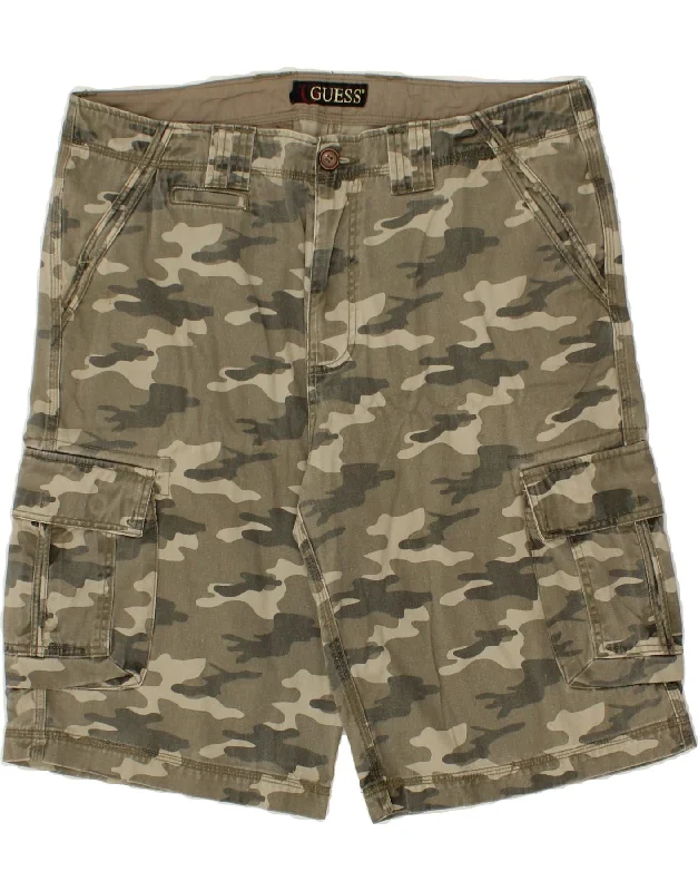 GUESS Mens Cargo Shorts W36 Large Grey Camouflage Cotton