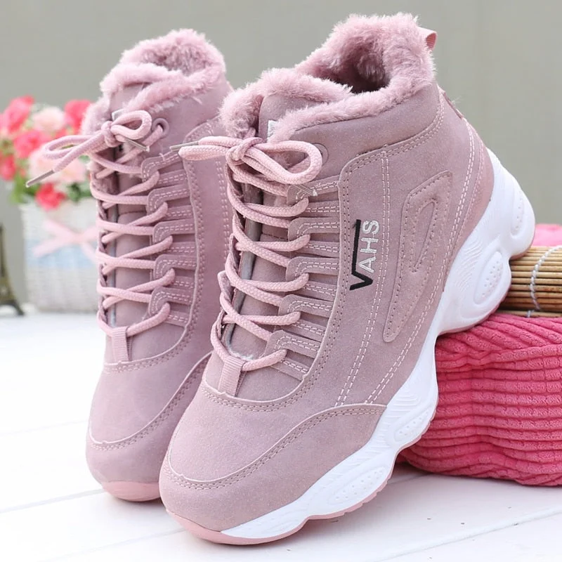 HILYAA New Sneakers Woman Winter Ankle Vulcanized shoes Warm Thick Plush Suede Female PU Leather Outdoor Sneakers  Fur Women