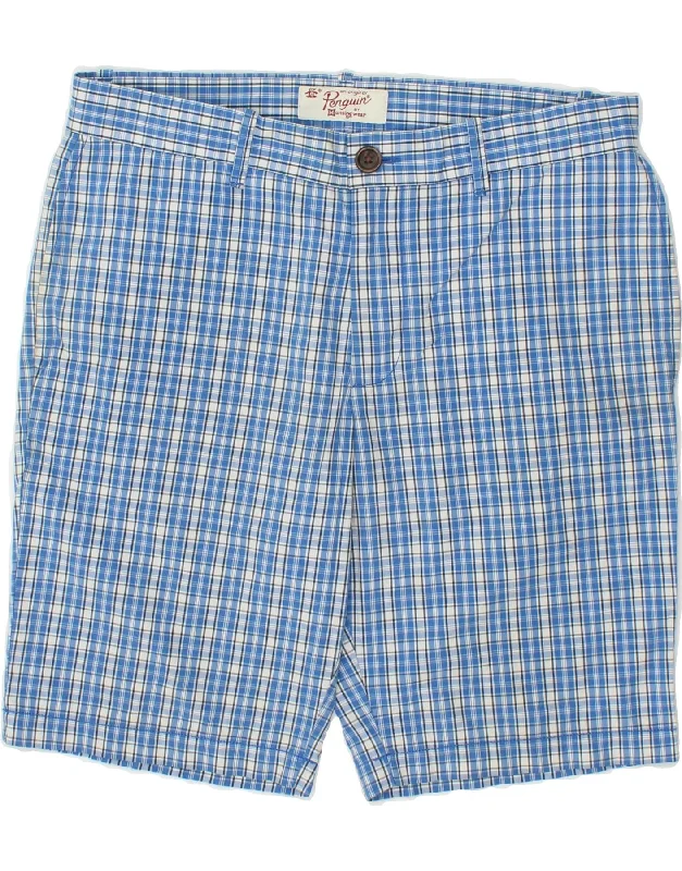 PENGUIN Mens Chino Shorts W32 Medium Blue Check Cotton