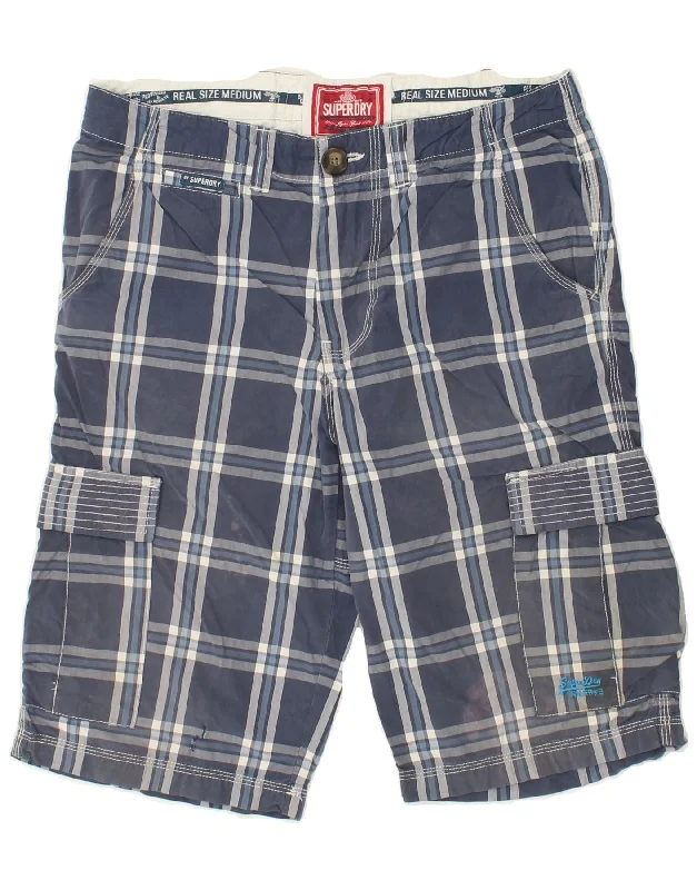 SUPERDRY Mens Cargo Shorts W32 Medium  Blue Check Cotton