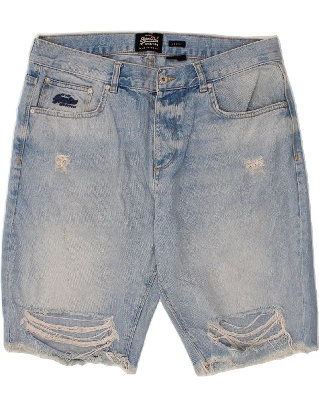 SUPERDRY Mens Distressed Loose Fit Denim Shorts W34 Large Blue Cotton