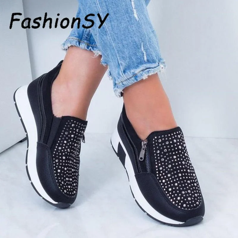 Women Crystal Sneakers Spring Autumn Casual Zipper Flat Shoes women Non-slip Breathable Outdoor Vulcanized Shoes woman